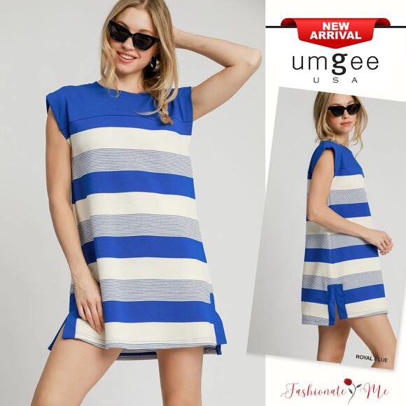 Umgee French Terry Side Slit Round Neck Striped Pattern Mini Dress | Royal Blue - Picture 1 of 6
